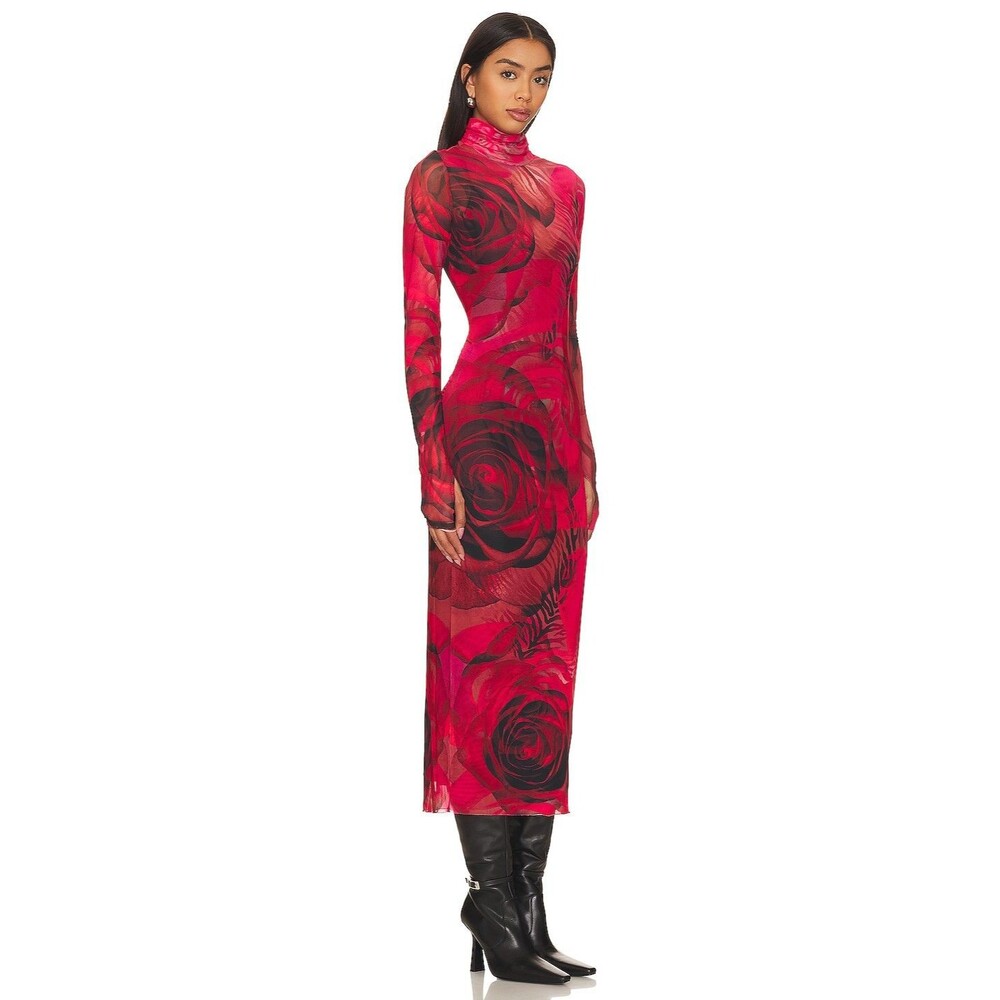 AFRM Shailene Dress Size S Midi Mesh Black Red Rose Dark Romance Whimsigoth - Picture 2 of 11